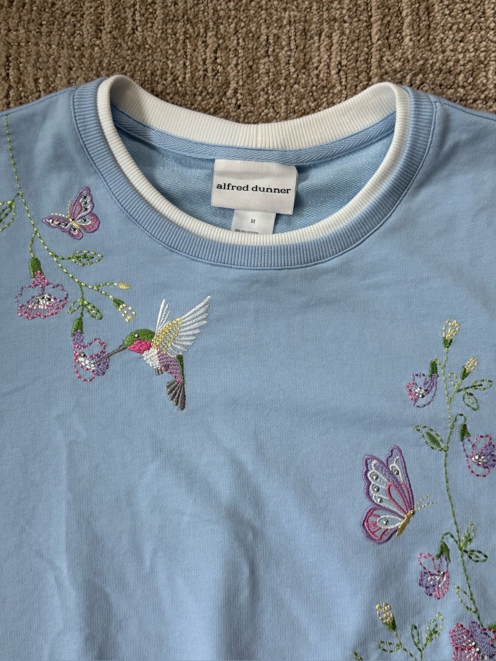 Alfred Dunner Light Blue Floral Hummingbird Short Sleeve Top M grannycore pastel - Picture 8 of 12